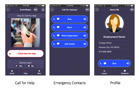 3 screens: Call for Help, Emergency Contacts, and Profile